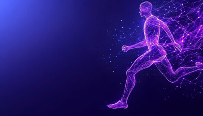 Polygon mesh man running to success, technology background. Possible health use generative AI