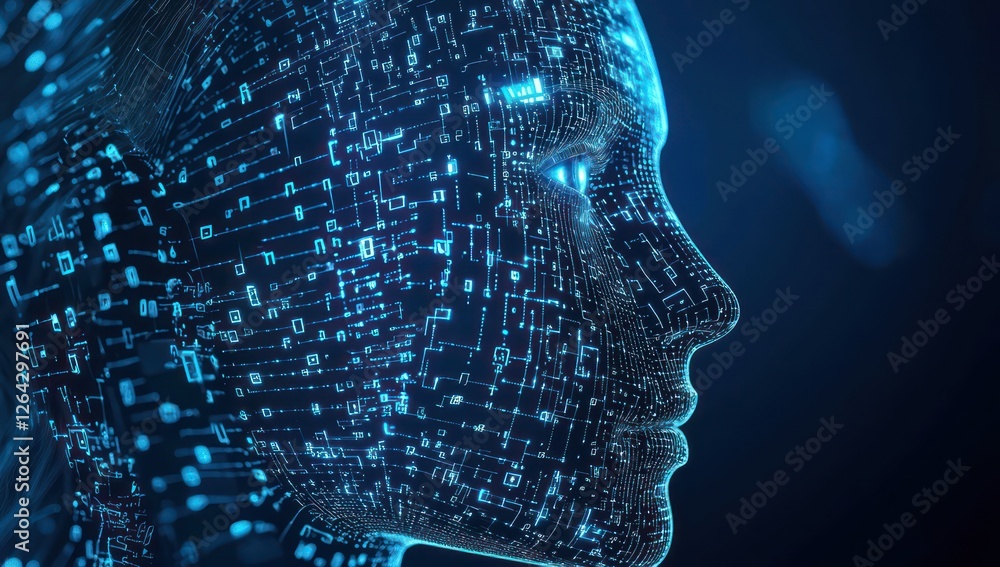 Poster digital binary layers integrate a human face, symbolizing the evolution of ai.
