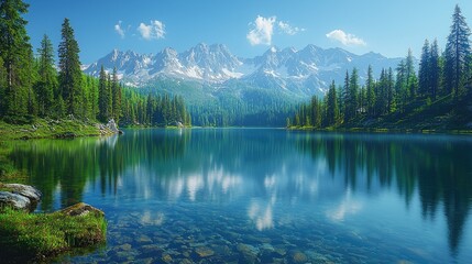 Serene mountain lake reflecting majestic peaks and lush forests under a clear blue sky