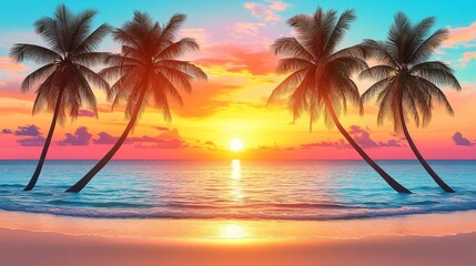 Obraz premium Vibrant Tropical Sunset Beach Scene with Palm Trees Silhouetted Against a Colorful Sky