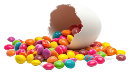Colorful candy eggs spilled from broken shell celebratory setting isolated on transparent background