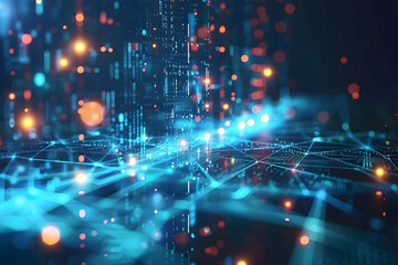 Fototapeta premium Futuristic digital landscape with glowing data streams and abstract city skyline at night