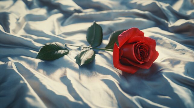 Stunning Red Rose on Luxurious Silk Bed