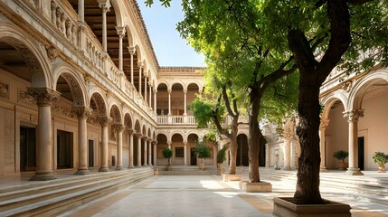 Fototapeta premium Sunlit Courtyard with Stone Columns and Lush Trees