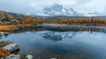 Serene autumn landscape with mountains reflecting in a calm lake surrounded by golden trees