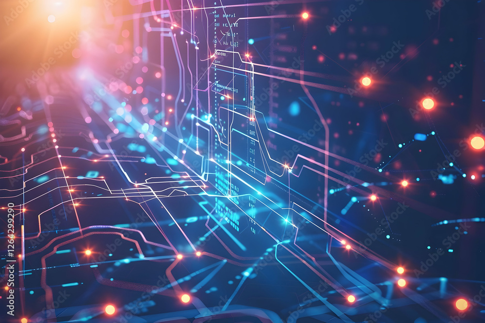 Poster abstract representation of digital data flow with glowing lines and nodes, symbolizing technology tr