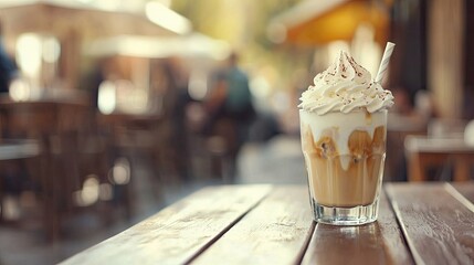 Creamy iced coffee topped with whipped cream served in a cafe setting with blurred patrons