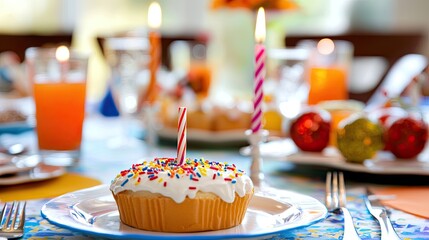 Festive birthday celebration with colorful cupcake, candles, and vibrant decorations on a table