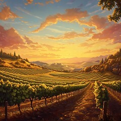 Fototapeta premium Vibrant Vineyard Landscape at Sunset with Lush Grapevines and Golden Skies