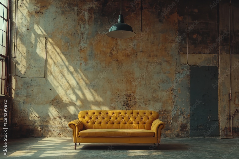 Poster a yellow buttoned sofa sits in a rustic room with textured walls and sunlight streaming through a wi