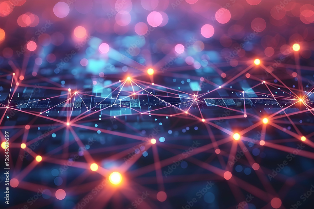 Poster abstract digital network with glowing connections and vibrant bokeh effects in a futuristic setting