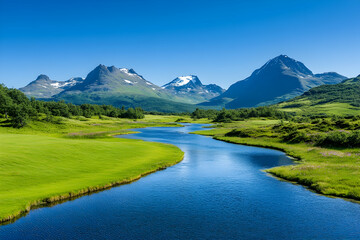 River flows through lush valley with distant snow-capped mountains on a sunny day generative AI