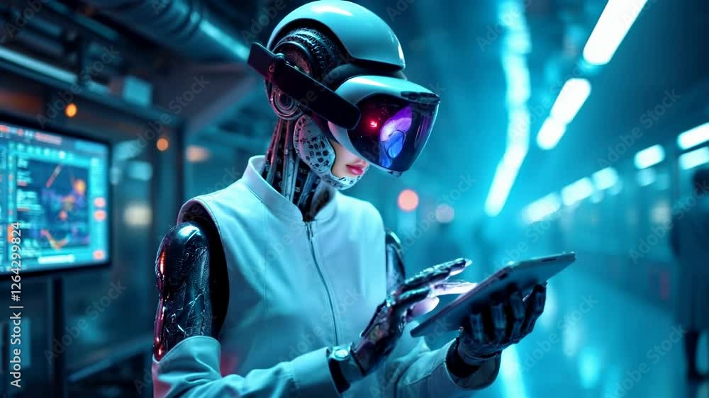 Poster futuristic android analyzing data on tablet in neonlit corridor
