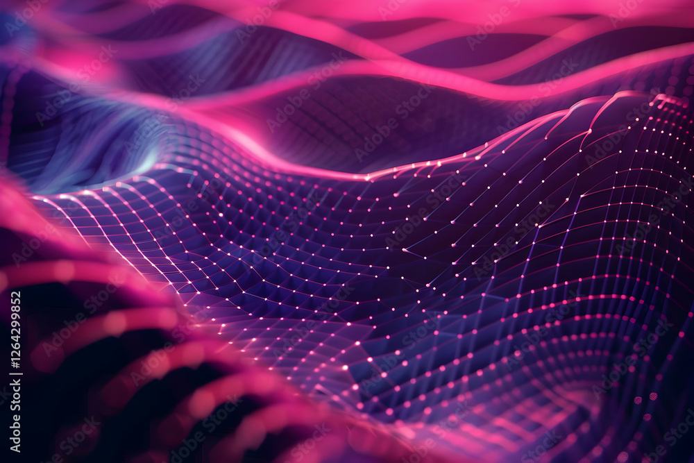 Poster abstract visualization of flowing waves with vibrant colors and glowing points, showcasing digital d