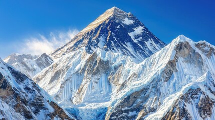 Majestic snow-covered mountain peak towering over icy glaciers under a clear blue sky