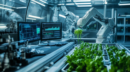 Cartoon scientific laboratory on spaceship interior with equipment and machinery for research experiments - computers and monitors with graphs, robotic arms and plants in capsule with green liquid.