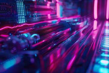 Futuristic close-up of glowing circuitry with vibrant blue and pink neon lights illuminating a tech setting