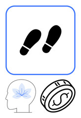 Footsteps inside a blue-bordered square, human head profile with a blue flower, and coin with dollar sign. Ideal for mindfulness, finance, mental health, self-improvement, progress, earnings