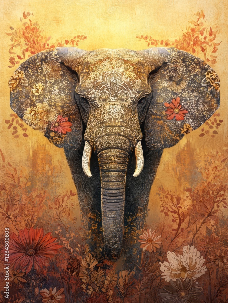 Poster majestic elephant adorned with floral patterns in warm tones. generative ai