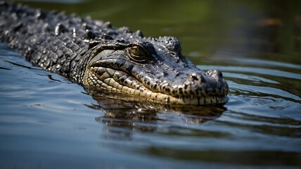 Obraz premium Silent Predator: Close-Up of Alligator Gliding Through Murky Swamp