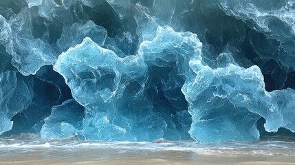 Ice formations on a beach with glacial blue hues contrasting against sandy shore