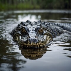 Fototapeta premium Stealthy Hunter: Alligator Moving Through Foggy Swamp Waters