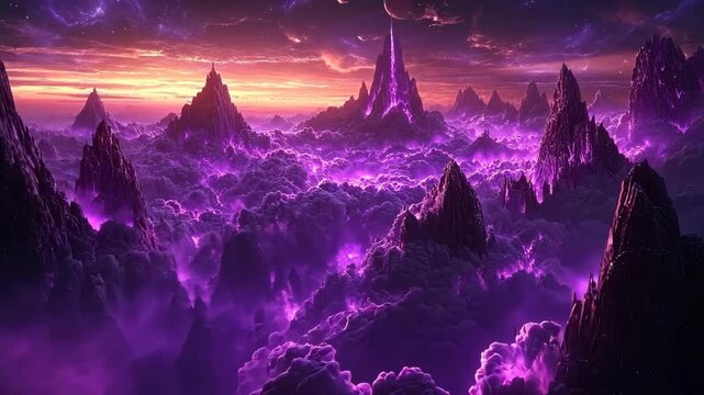 Majestic purple mountain range under a vibrant sunset sky fills the horizon with color and mystery