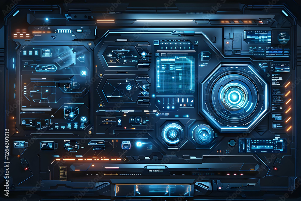 Aufkleber futuristic control panel with glowing interfaces and digital displays in a high-tech environment