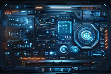 Obraz premium Futuristic control panel with glowing interfaces and digital displays in a high-tech environment