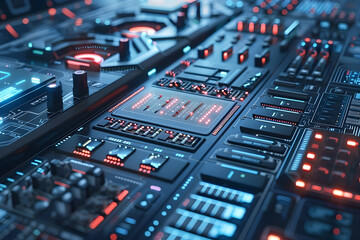 Futuristic control panel with illuminated buttons and screens, showcasing advanced technology in action