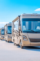 RVs lined up on paved lot on sunny day for travel, tours, and tourism generative AI