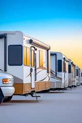 RVs lined for sale at lot during sunset used for travel, camping, or roadtrip generative AI