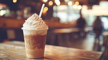 Creamy coffee beverage topped with whipped cream in a cozy caf? setting with blurred patrons