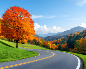Obraz premium Scenic mountain road winds through autumn foliage trees, creating a vivid landscape generative AI