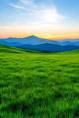 Fototapeta premium Scenic green rolling hills sunset. Tranquil view for travel or nature background generative AI