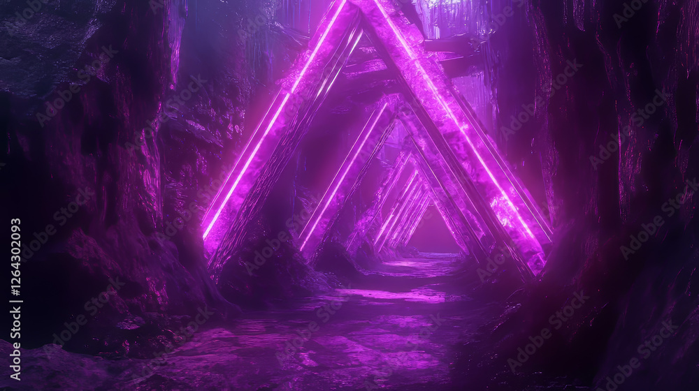 Aufkleber neon light tunnel perspective. vector realistic illustration of dark hall with triangular shape geom