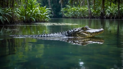 Fototapeta premium Tranquil Waters: Alligator Gliding Through Jungle River with Reflections
