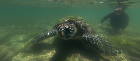 Fototapeta premium Underwater Sea Turtle Encounter Diver & Reef