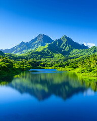 Fototapeta premium Serene lake reflecting green mountains on a clear day, for nature illustration generative AI