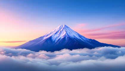 Fototapeta premium Serene peak of a snow covered mountain rising above clouds at sunset, for wallpaper generative AI