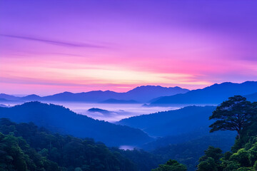 Obraz premium Serene misty sunrise over rolling green hills, shrouded in fog. Nature stock generative AI