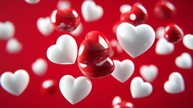White and Red Hearts Falling Background
