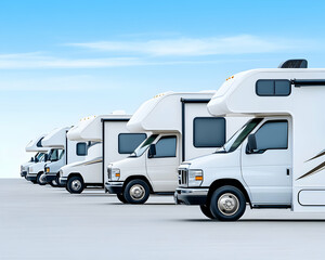 Naklejka premium Several white motorhomes parked in a row under blue sky for rental or sale generative AI