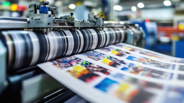 High-speed printing press in action, printing colorful images. Illustrates mass production, ideal for publishing, printing, and industry concepts.