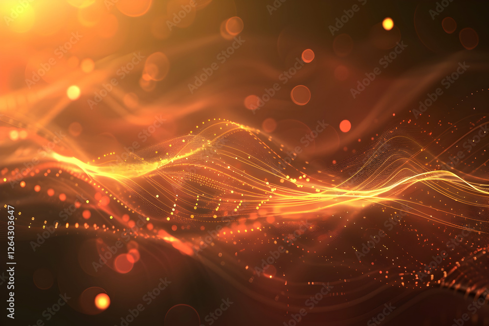 Poster abstract golden wave patterns with glowing particles, creating a warm atmosphere in a digital space