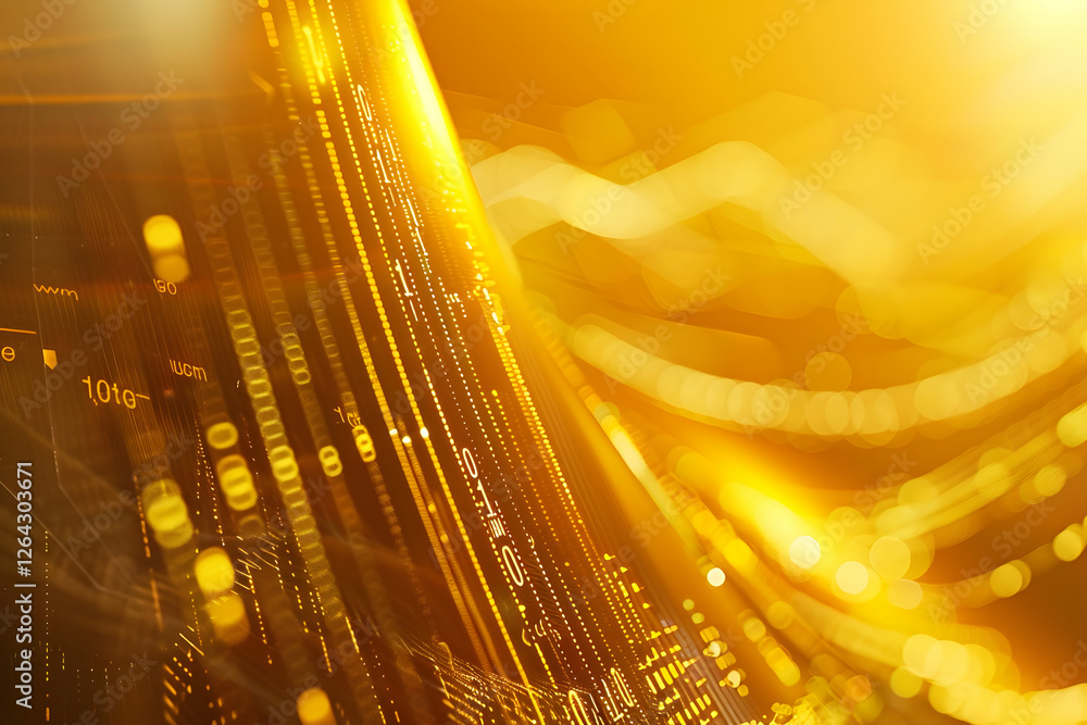 Poster abstract golden wave patterns with digital data streams in a vibrant, glowing background