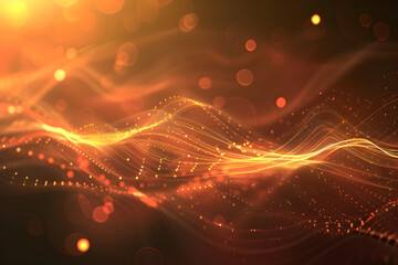 Abstract golden wave patterns with glowing particles, creating a warm atmosphere in a digital space
