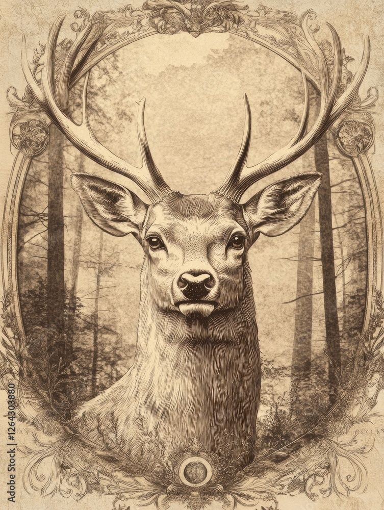 Aufkleber Engraved deer portrait with intricate line work set in sepia tones featuring space for text additions. Generative AI