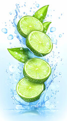 Sliced limes falling with water splash and green leaves isolated on white. For ads generative AI
