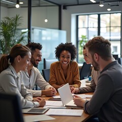 Capture the essence of collaborative success with this vibrant image showcasing a diverse team engaged in a productive meeting. The scene is brimming with energy and positive interaction as they work 
